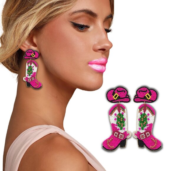 Christmas Holiday Gift Western Fuchsia Seed Beaded Boots Boho Earrings - Picture 2 of 3